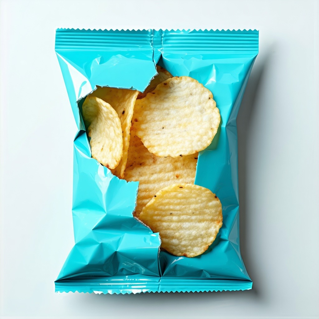 potato chip bag with a bite taken out of it to give the impression of edible packaging